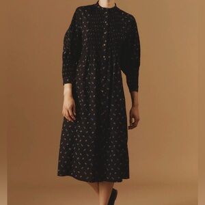Thierry Colson France Yvana Black Floral Dress XS S Hand Smocked Button Front